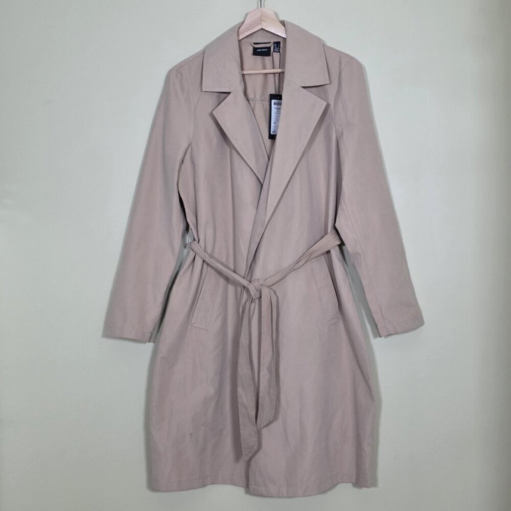 Vero Moda Wrap Coat Womens L Beige Belted Mid Length Pockets Lightweight Preppy